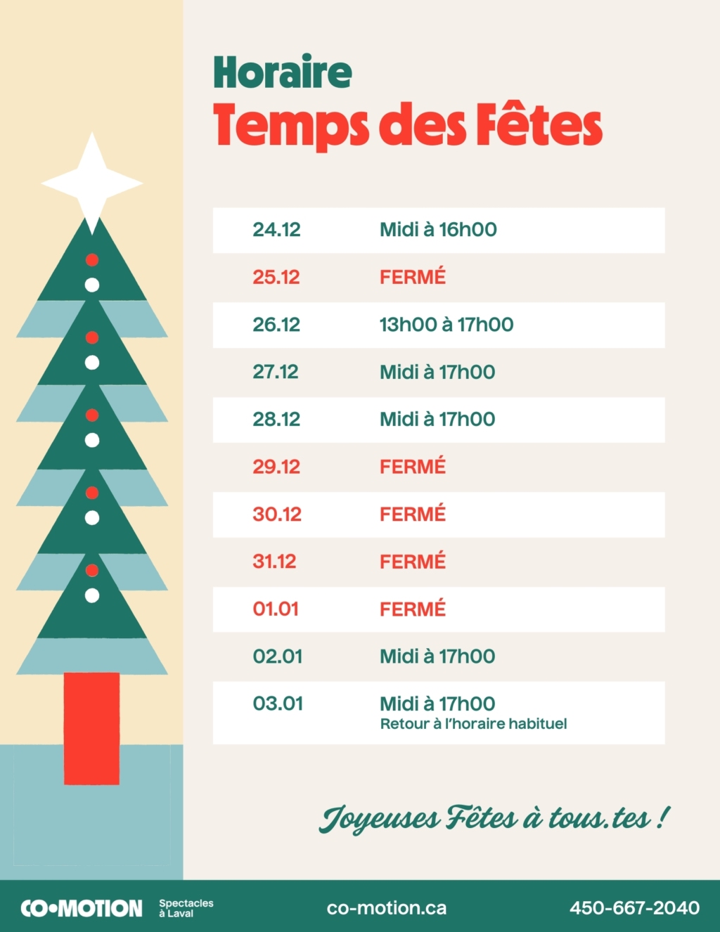 Horaire des Fêtes 2025